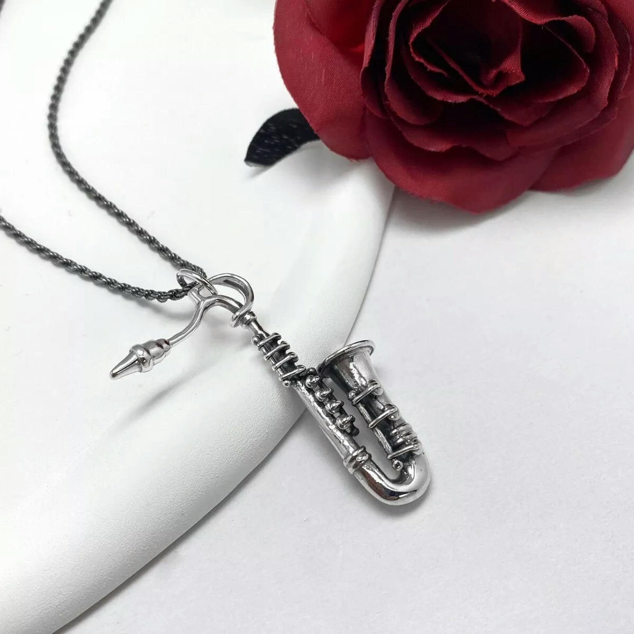 Collana con Ciondolo a Forma di Sassofono in Argento 925, Ciondolo Punk Hip Hop
