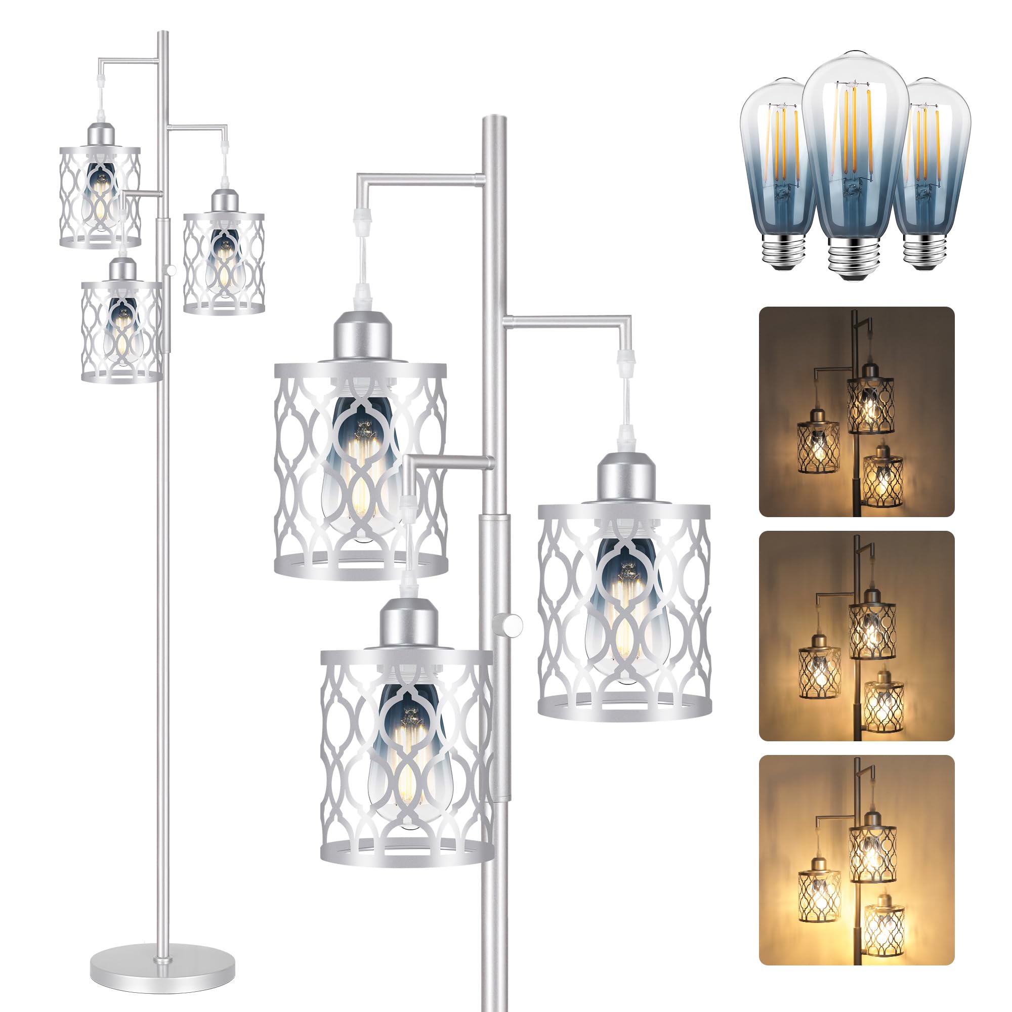 68" Farmhouse Floor lamp, Dimmable Industrial Floor Lamps for Living Room, 3 Light Rustic Standing Tall Lamp Including 3 PCS 6W Edison Bulbs, Tree