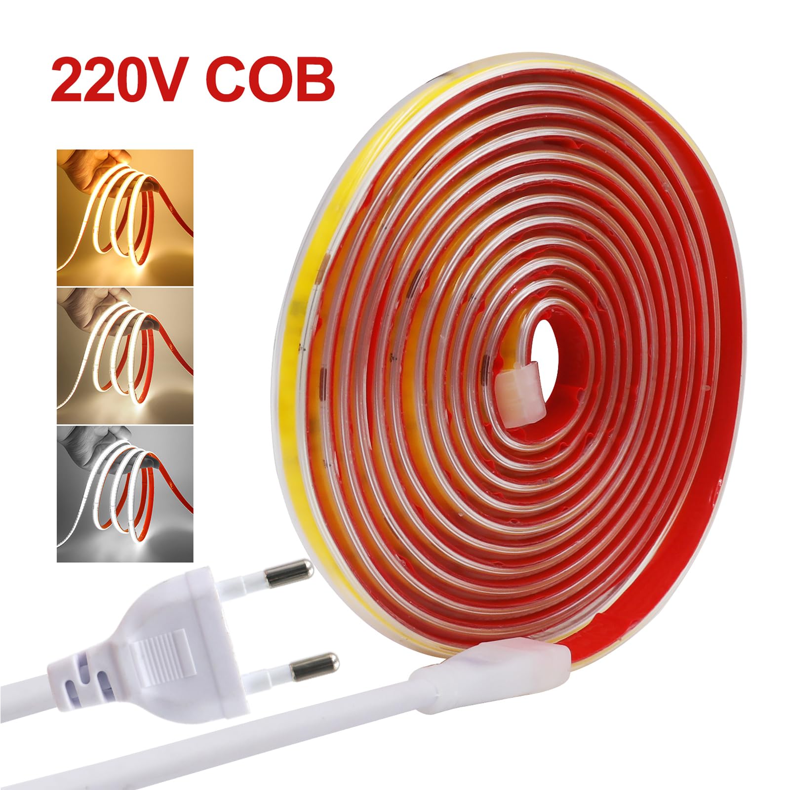 Tira LED COB 220V autoadhesiva [50M, Blanco cálido 3000-3500K], IP65 impermeable flexible, 240 LEDs/m tira LED cortable CRI85+, iluminación decorativa para hogares y tiendas