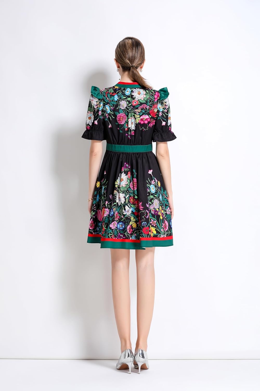 LAI MENG FIVE CATS Women's Button Up Short Puff Sleeve V-Neck Floral Print Split Casual Mini Dress - Image 6