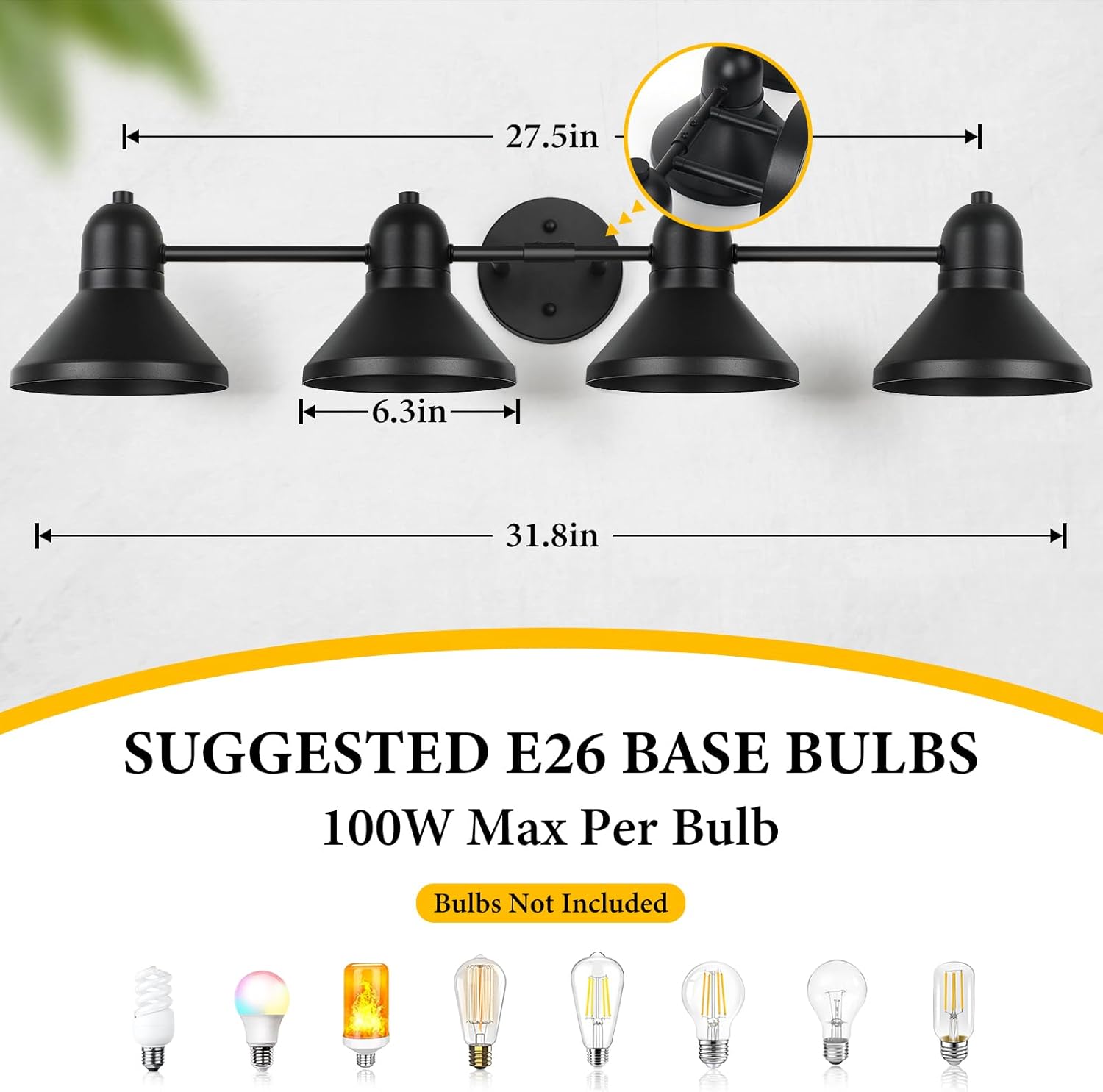 Bathroom Light Fixtures, 4-light Vanity Light Over Mirror, Matte Black Metal Bathroom Light, Modern Farmhouse Rustic Industrial Indoor Wall Mount Lighting Sconce for Living Room Cabinet Hallway