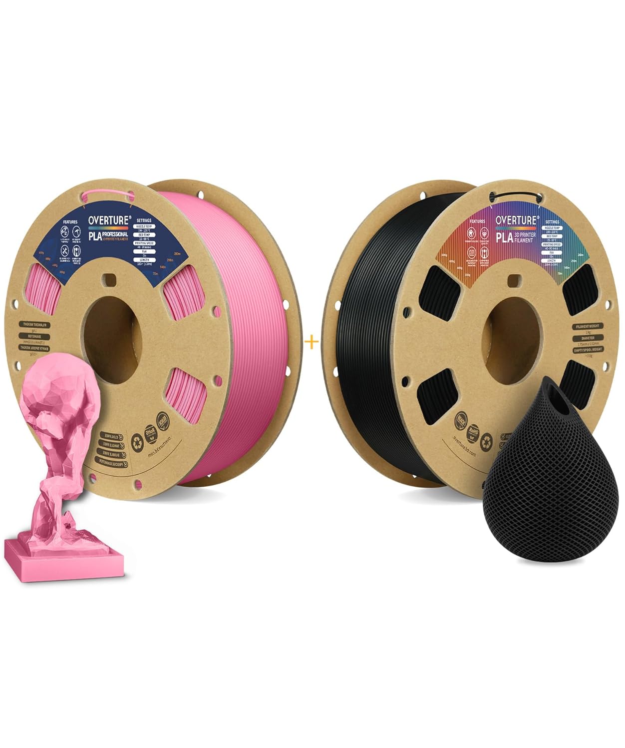OVERTURE 3D Printer Filament 2kg, PLA Plus Filament and PLA Filament Fit Most FDM 3D Printers, 1kg per Spool, Pack of 2, PLA Plus Pink+PLA Black