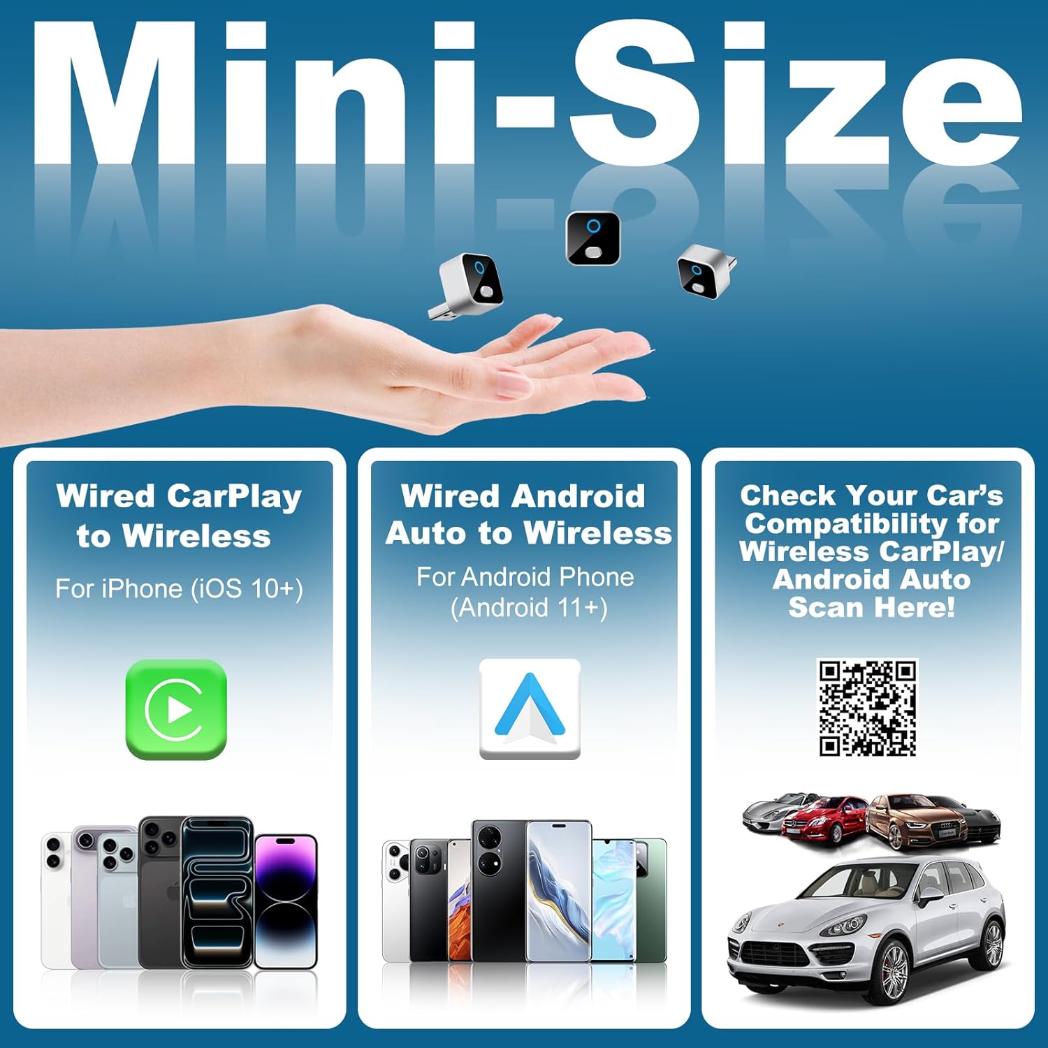 Wireless CarPlay & Android Auto Adapter, One-Click Switch Mini Size WiFi 6 & Bluetooth 5.4 Adapter, Fast Auto-Reconnect, Compatible with iOS 10+/Android 11+, for Factory Wired CarPlay Cars