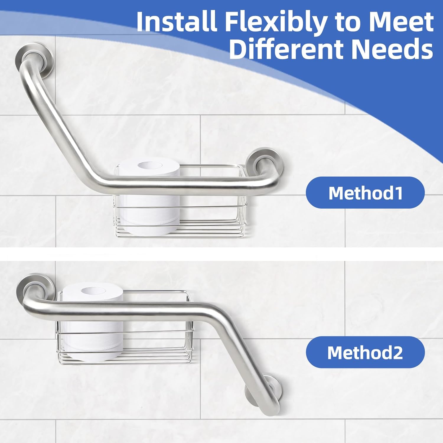 FSA Eligible, Upgrade 16 inch Angled Grab Bar with Storage Basket, Handicap Grab Bar for Elderly, Stainless Steel, Grab Bars for Shower, Bathroom Mobility Aid, Heavy Duty 550lbs Support