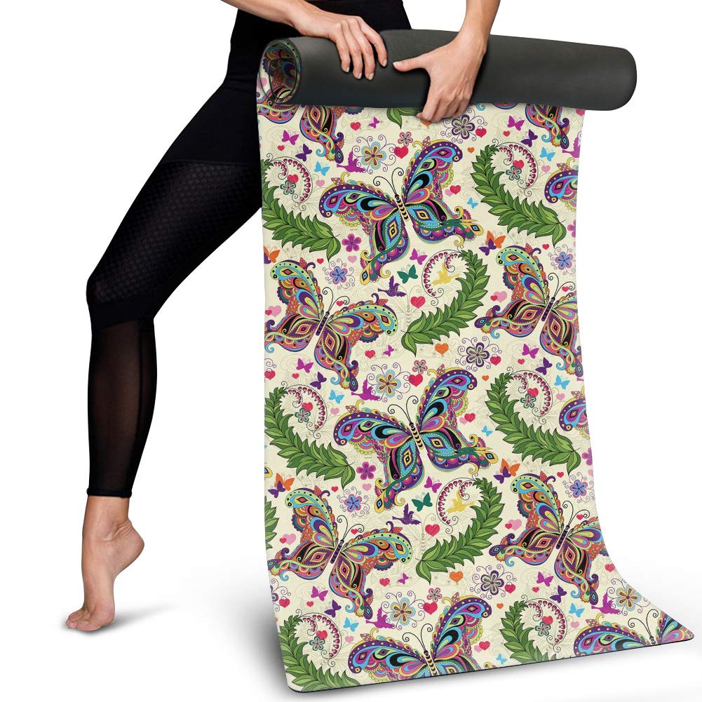 POLERO Tapis de yoga écologique, non toxique, absorbant la transpiration, tapis de fitness, portable, léger, antidérapant, Femme, 23 papillons.