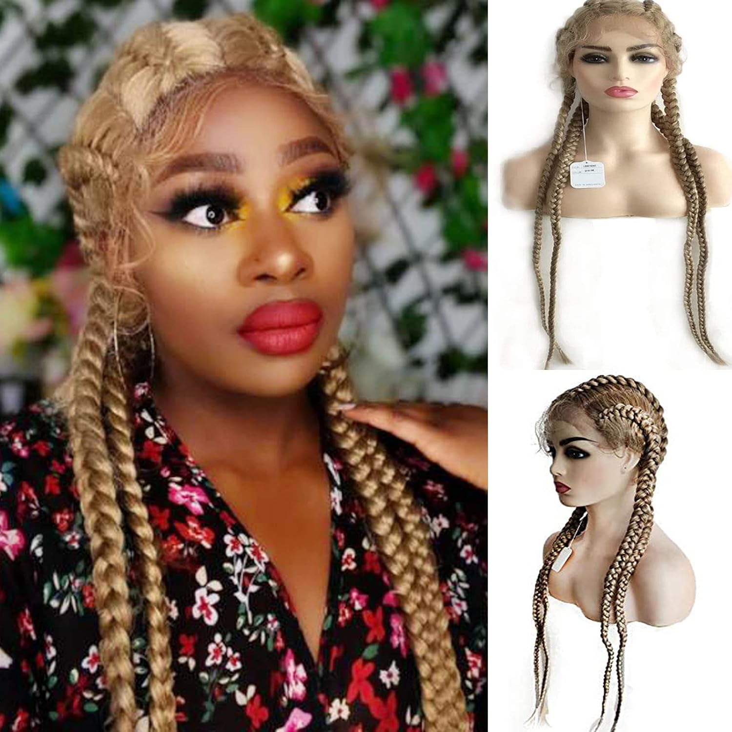 613 Braided Lace Front Wig Blonde French Braided Wigs for Black Women Straight Long Dutch Braids Wig Twisted Braiding Glueless Real Hair Wig Synthetic Heat Resistant Drag Cosplay Daily 30Inch