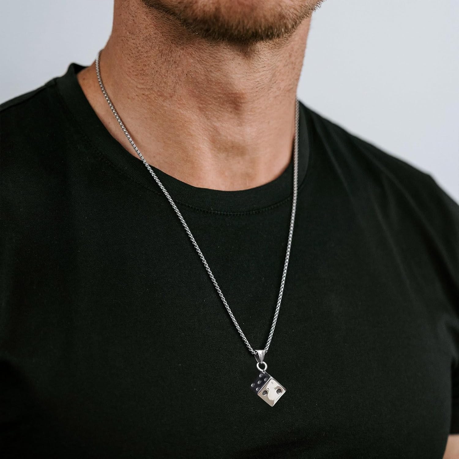 HZMAN Men's Dice Necklace, Stainless Steel Gothic Bar Pendant, Lucky Jewelry 22+2 Inch Box Chain (Silver) - Image 3