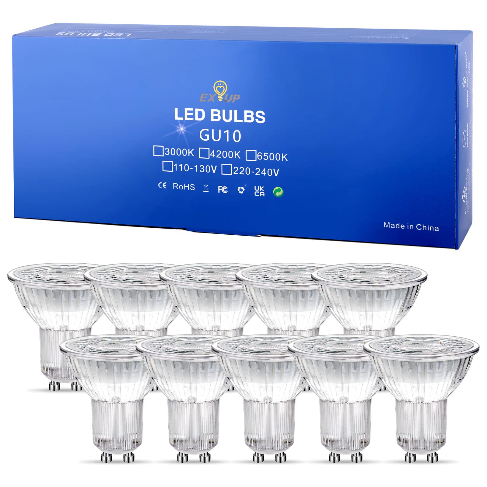 EX UP Faretto Lampadine a Led, Attacco GU10, Luce Bianca Calda 3000K Lampadina,5W(Equivalente 50W), 380lm, Angolo Fascio 36, Nessun Sfarfallio Non Dimmerabile Risparomio Energetico faretti, 10pz