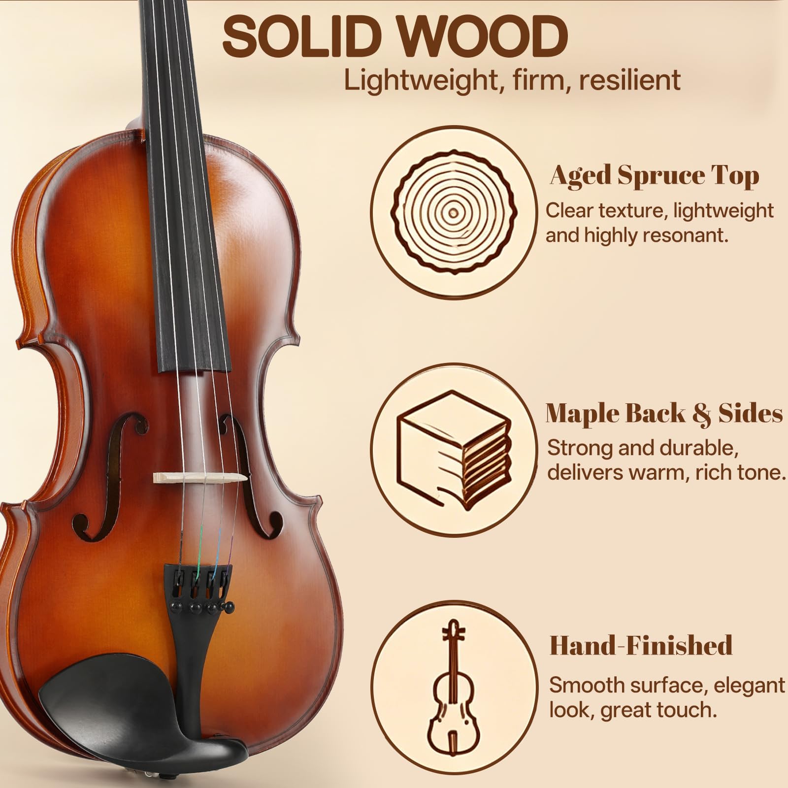 Kmise Kit de iniciación de violín de tamaño completo 4/4 aprobado por maestros para adultos, principiantes, estudiantes, violines acústicos de ébano de alta densidad, paquete de violín con funda, arco