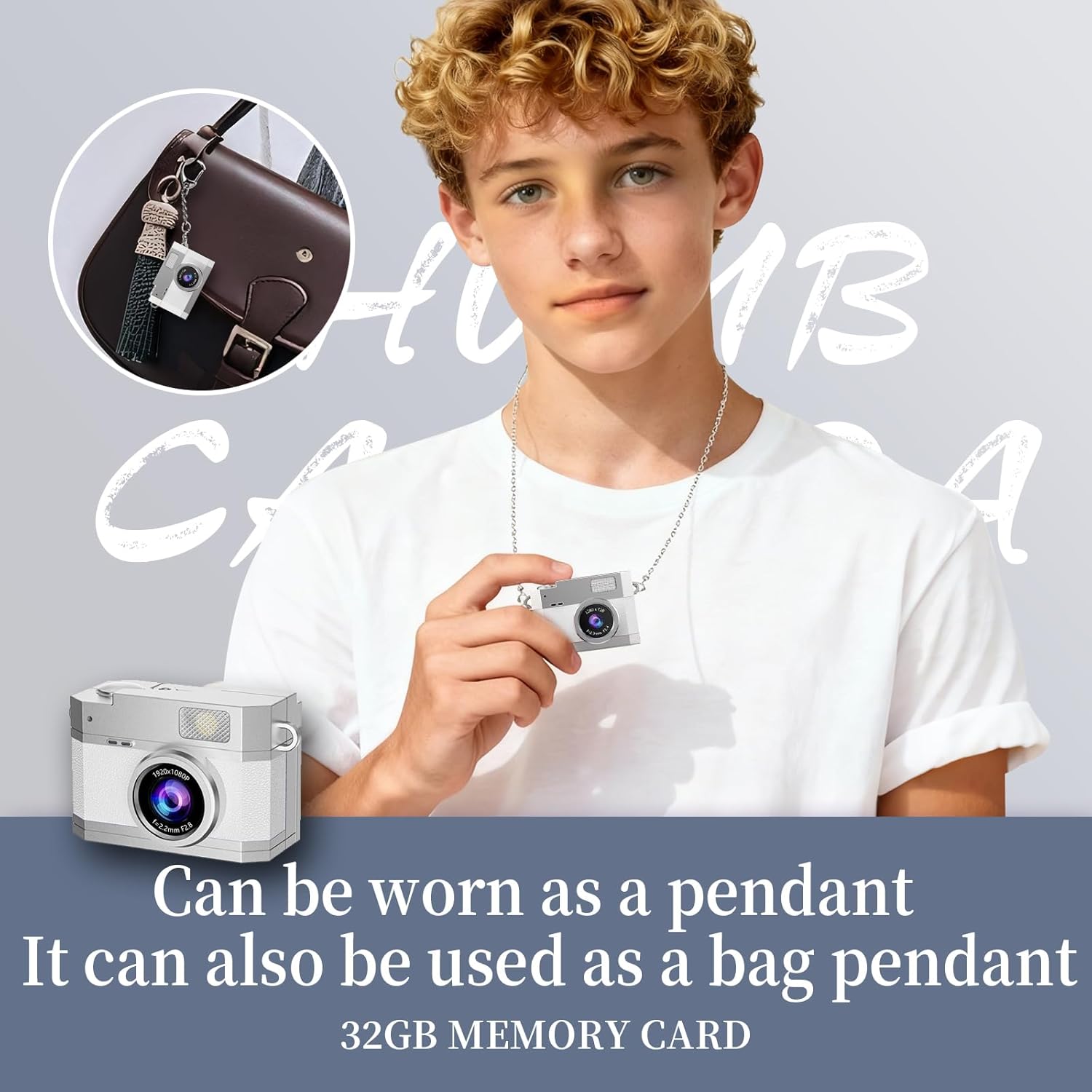 ‌Mini Keychain Digital Camera White - HD Mini Digital Camera with 0.96" Flip Screen & 32GB Card, Portable Wearable Keychain Camera for Bag, Necklace Pendant,a Fun Gift for Friends for the World Cup