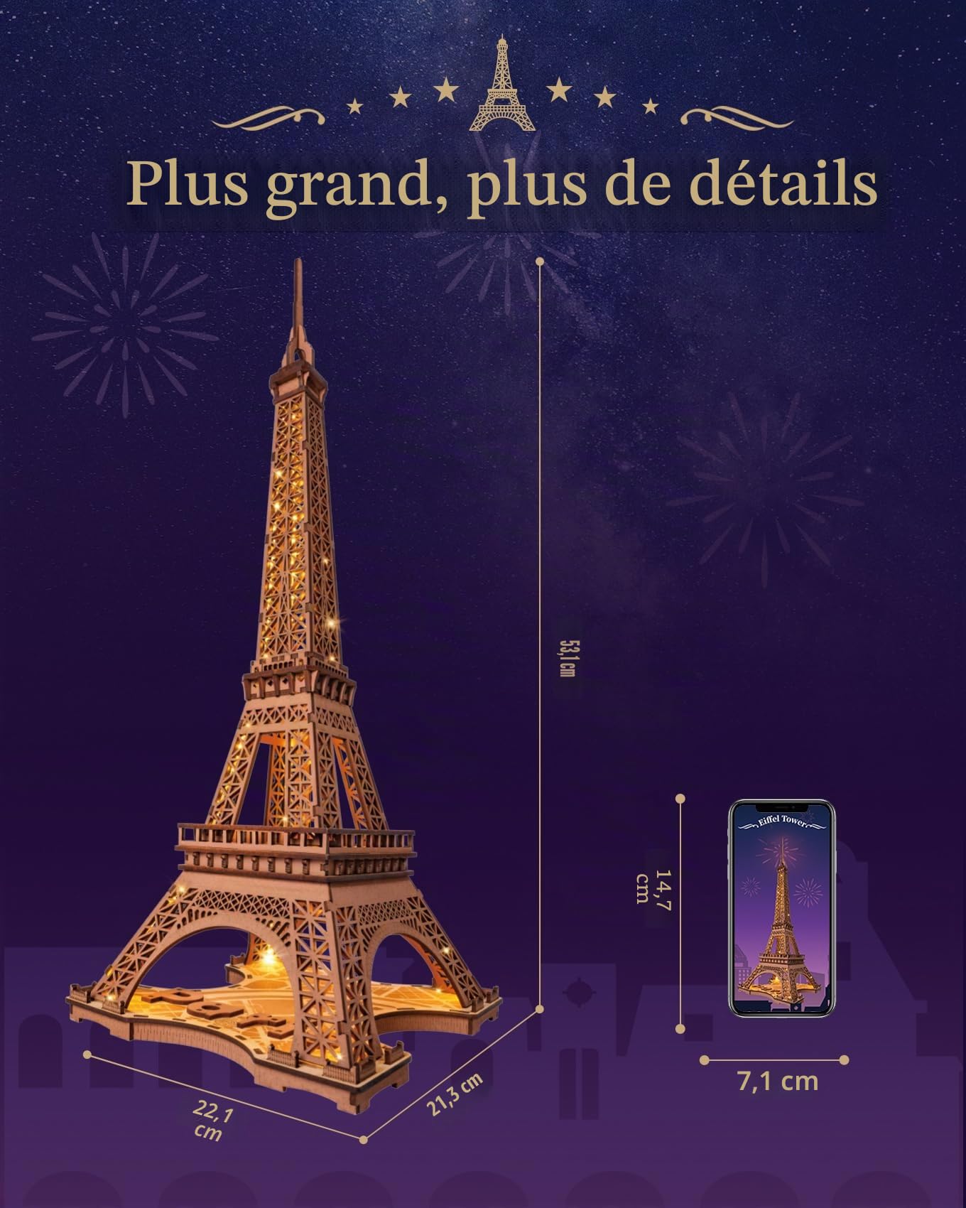 Rolife Puzzle 3D Tour Eiffel Lumineuse Maquette en Bois à Construire Jigsaw Puzzles Modélisme DIY Kit de Construction Loisirs Créatifs Adultes Décoration de Bureau Cadeau pour Adolescents