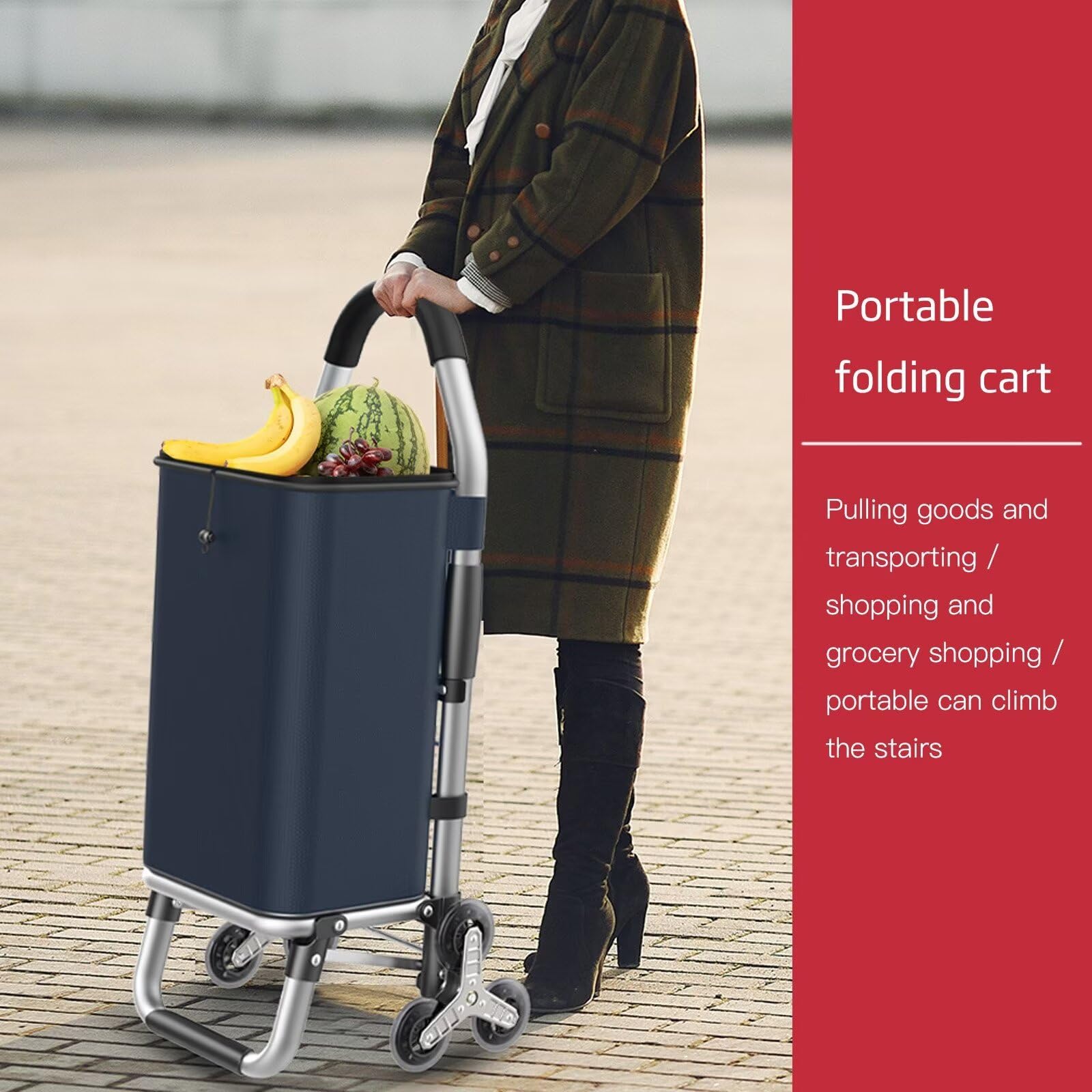 Carrello per la spesa pieghevole 2 in 1 con ruote grandi, leggero e rimovibile, per generi alimentari e viaggi