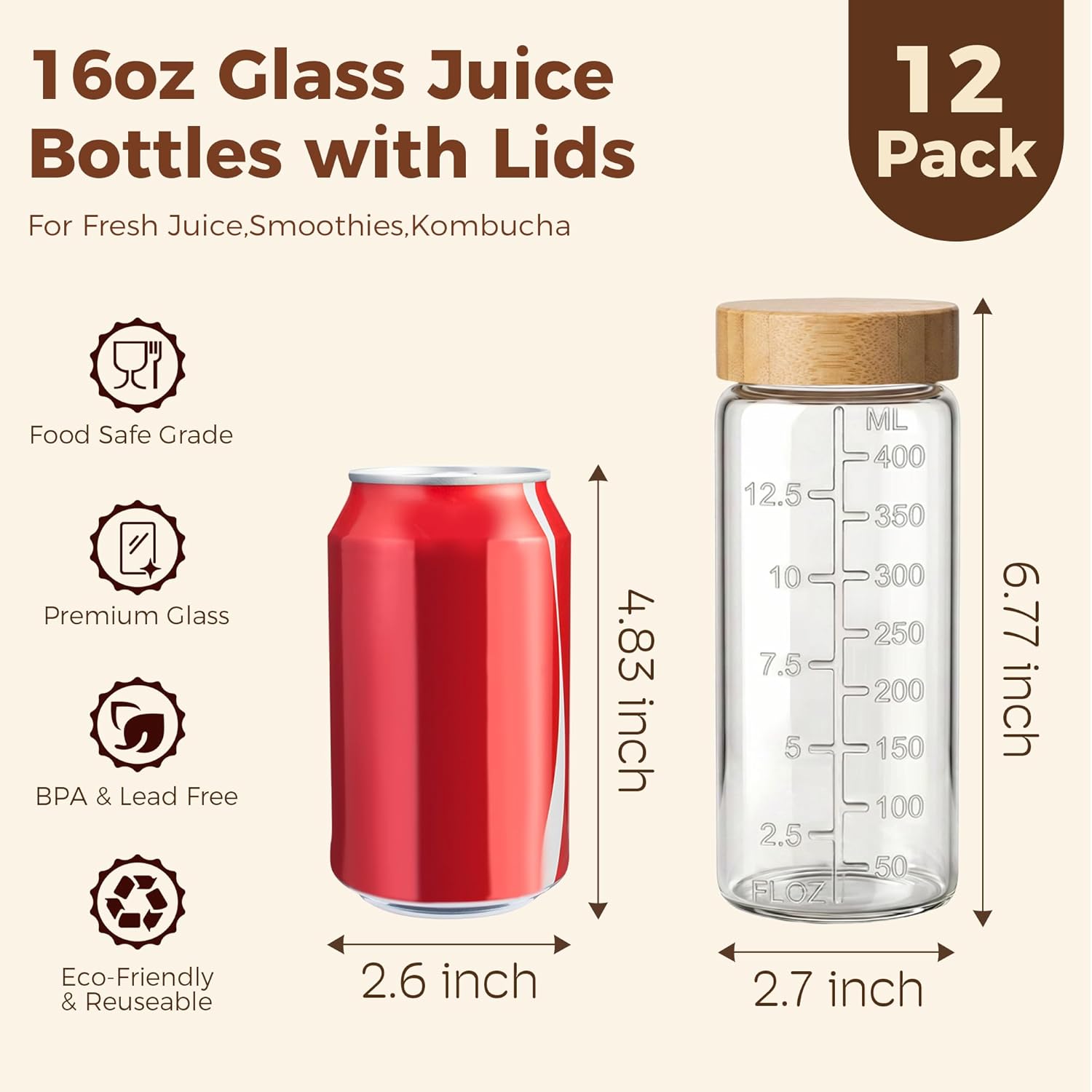 16oz Round Glass Juice Bottles with Lids, 12 Pack Reusable Juice Containers with Bamboo Lids, Glass Juicing jars with 4 Straws & 2 Airtight Lid with Hole for Drinking - Image 2