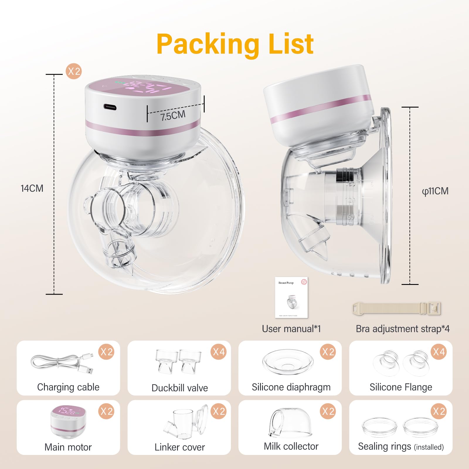 Kidken Tire-lait mains libres, tire-lait portable de la bouche de bébé avec 5 modes et 15 niveaux, tire-lait électrique portable - bride 19/21MM (Rose et blanc,2pcs)