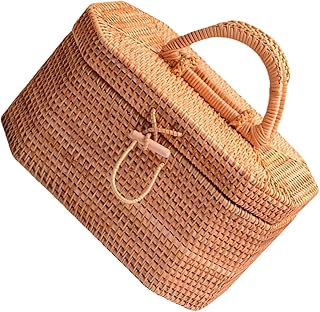 ABOOFAN 1pc Rattan Snack Box Wicker Picnic Basket Baskets with Lids for Organizing Country Picnic Basket Woven Basket with Lid Fruit Storage Basket Wooden Hot Lunch Box Camping Travel