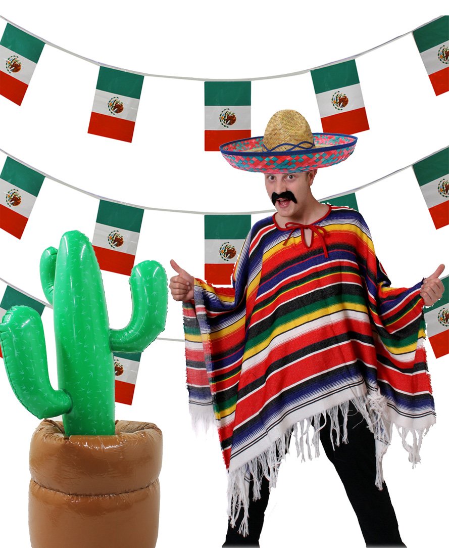 ILOVEFANCYDRESS - Paquete de fiesta mexicana grande de color azul + poncho multicolor + banderines de bandera mexicana + cactus inflable, ideal para Cinco de Mayo, Mardi Gras