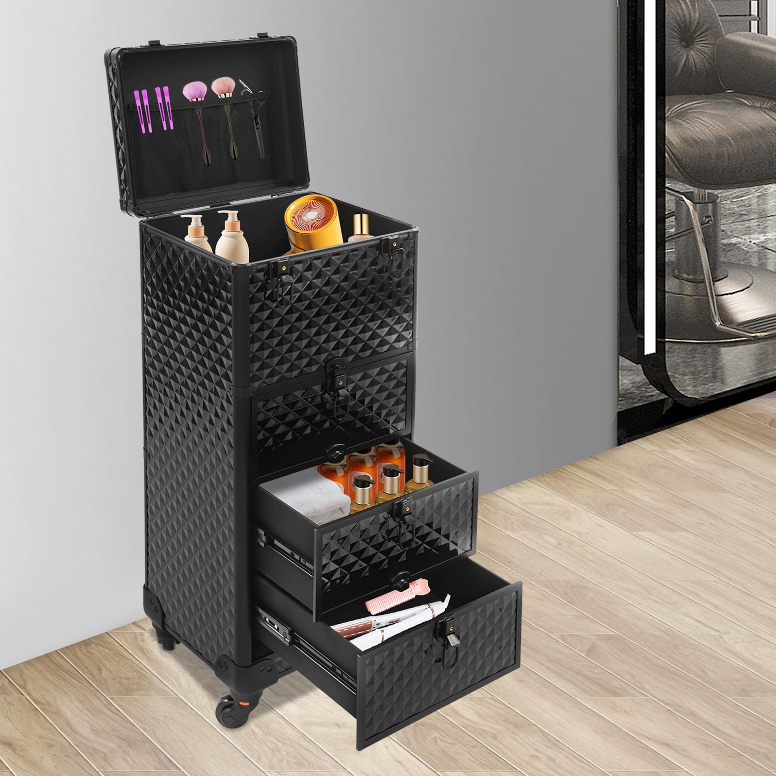 Kosmetikkoffer mit Rollen, Schminkkoffer Trolley, Beauty Case mit 3 Schubladen und 4 Schlüssel, Groß Kosmetikkoffer, Ngaelkoffer, Make up Koffer für Nageltechniker, Kosmetikerinnen und Stickerinnen