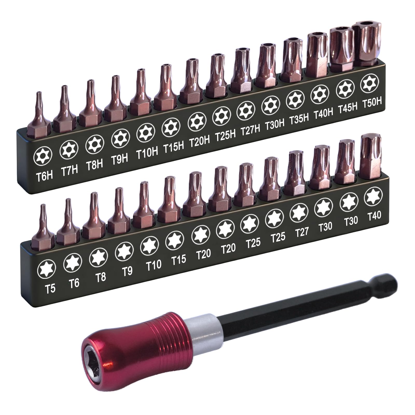 BAKESHU Torx Bit Set 28+1pcs (T5-T50), 1/4 Hex-Shank S2 Steel Security Torx Bit Set, Magnetic Tamper Proof Star Bit Set with 4” Long Bit Holder and Storage Box