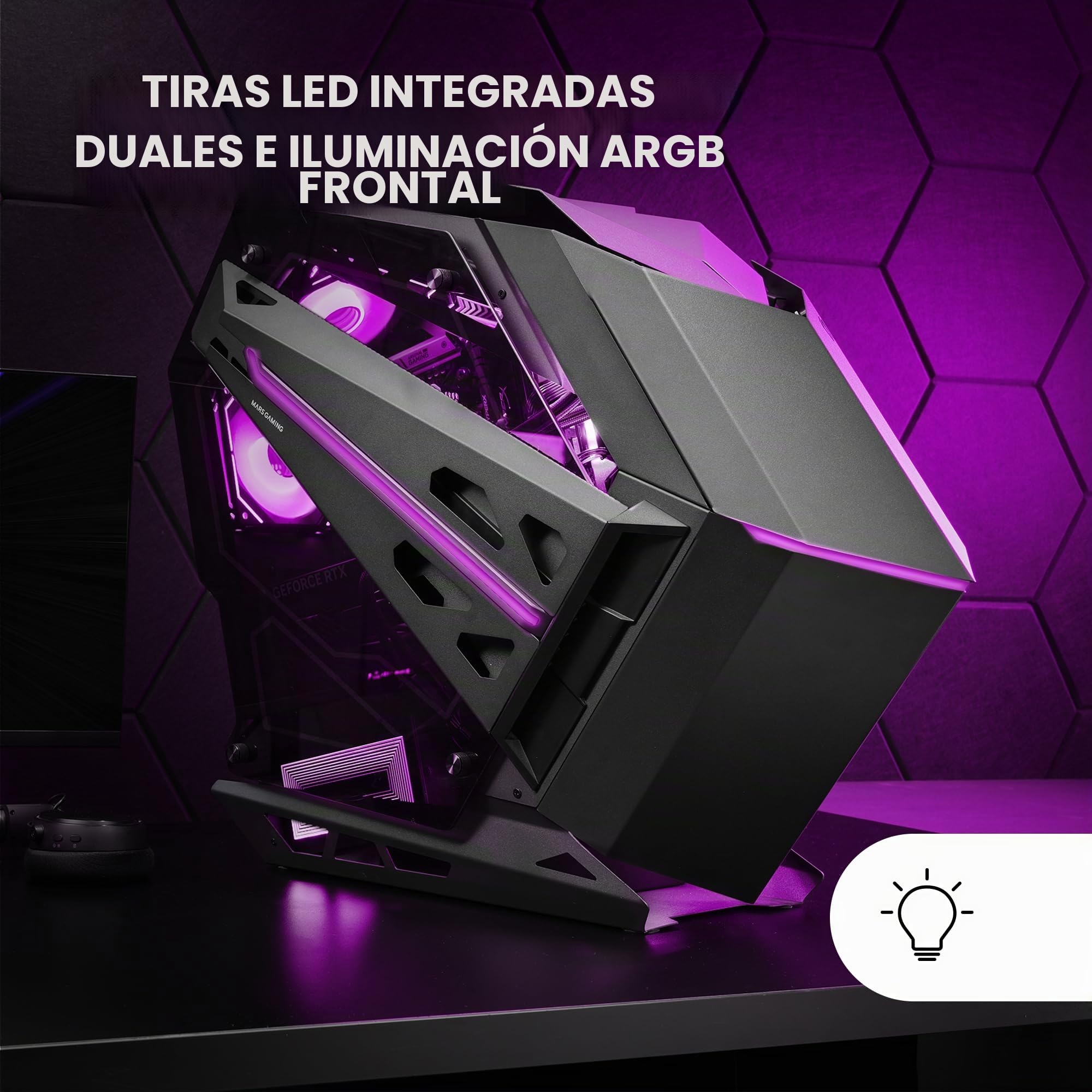 Mars Gaming MC-Titan, Caja Gaming RGB XXL ATX, Doble Tira LED e Iluminación Frontal ARGB, Hub Iluminación + Mando a Distancia, Compatible con Placas Base ARGB, Soporte Refrigeración Líquida, Negro
