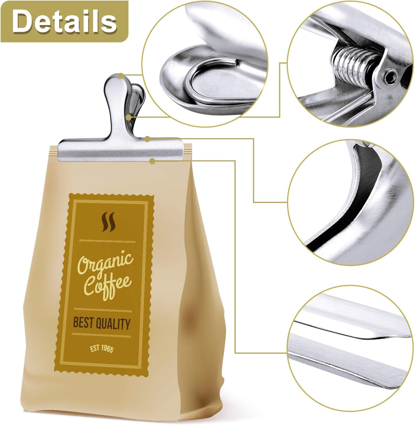 Whaline 8 Pack Stainless Steel Chip Clips Set, 4.7'' & 3'' Chip Bag Clips Heavy Duty Food Clips Round Edge Air Tight Seal Grip for Office Kitchen Home Usage Storage (2 Large and 6 Small Size)