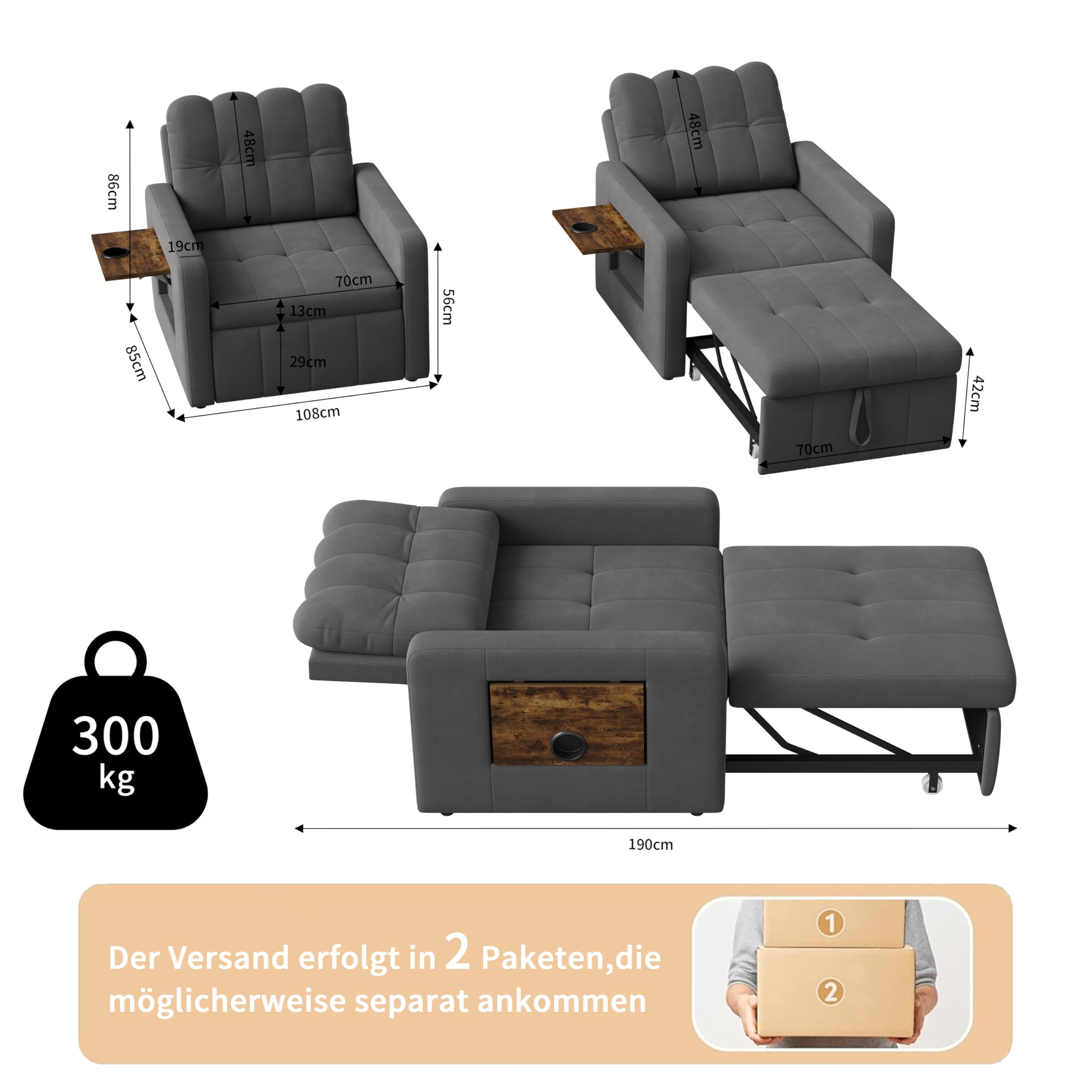 Schlafsessel 3 in 1,schlafsessel mit bettfunktion Ausziehbares Schlafsofa Schlaferstuhl mit Verstellbarer Rückenlehne Sessel mit Schlaffunktion GäStebett Klappbar mit Seitentasche (Grau)