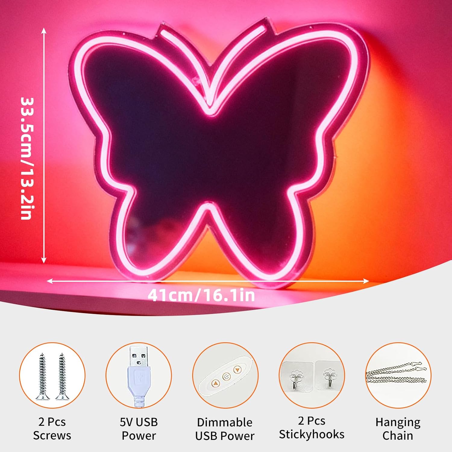 Pink Butterfly Mirror Neon Sign, LED Decorative Wall Mirror USB Powered Aesthetic Room Decor for Girls Bedroom Living Room Home Decor Butterfly Shaped Light Up Neon Sign, 16.1 x 13.2 In