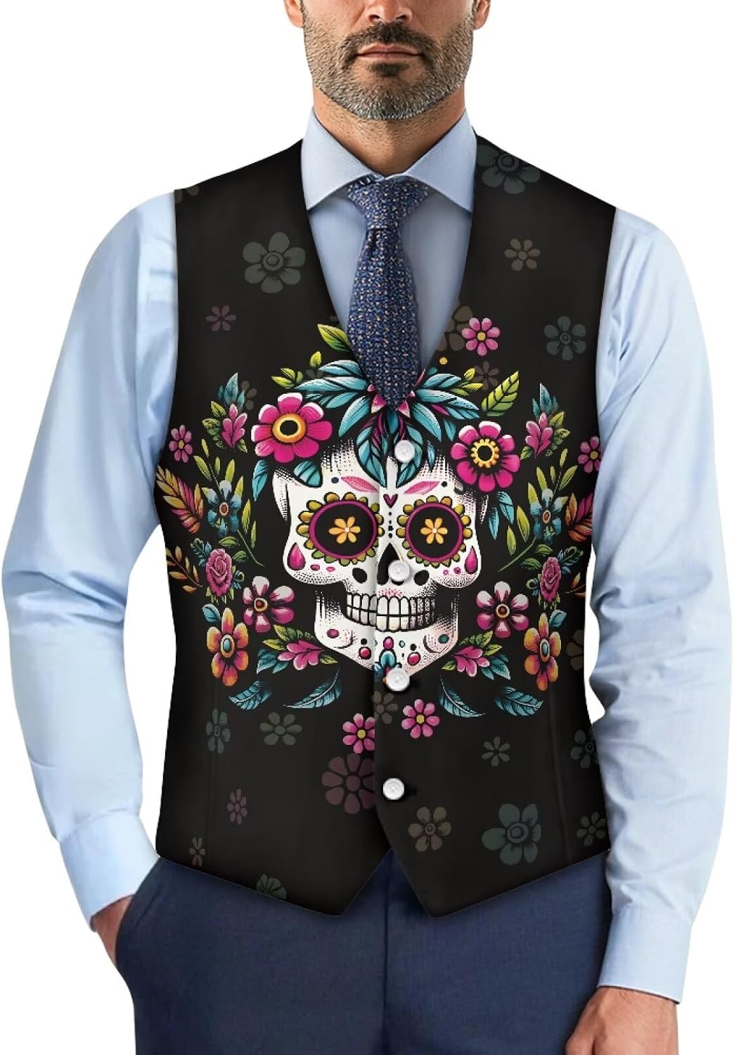 Gilet Homme Sans Manches Élégant Décontracté - Costume Mariage Affaire Fête, Boutons Pression, Taille S à 4XL, Motifs Variés (Vache, Marbre, Noël…)