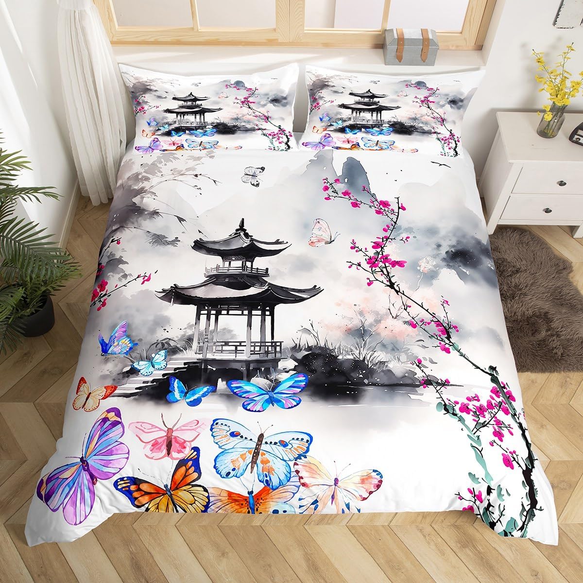Chinese Style Duvet Cover Set Queen Size, Watercolor Butterfly Flower Comforter Cover with 2 Pillowcases, Ink Painting Mountain Bedding Set for Kids Boys Girls Lightweight Bedspread Cover,No Comforter