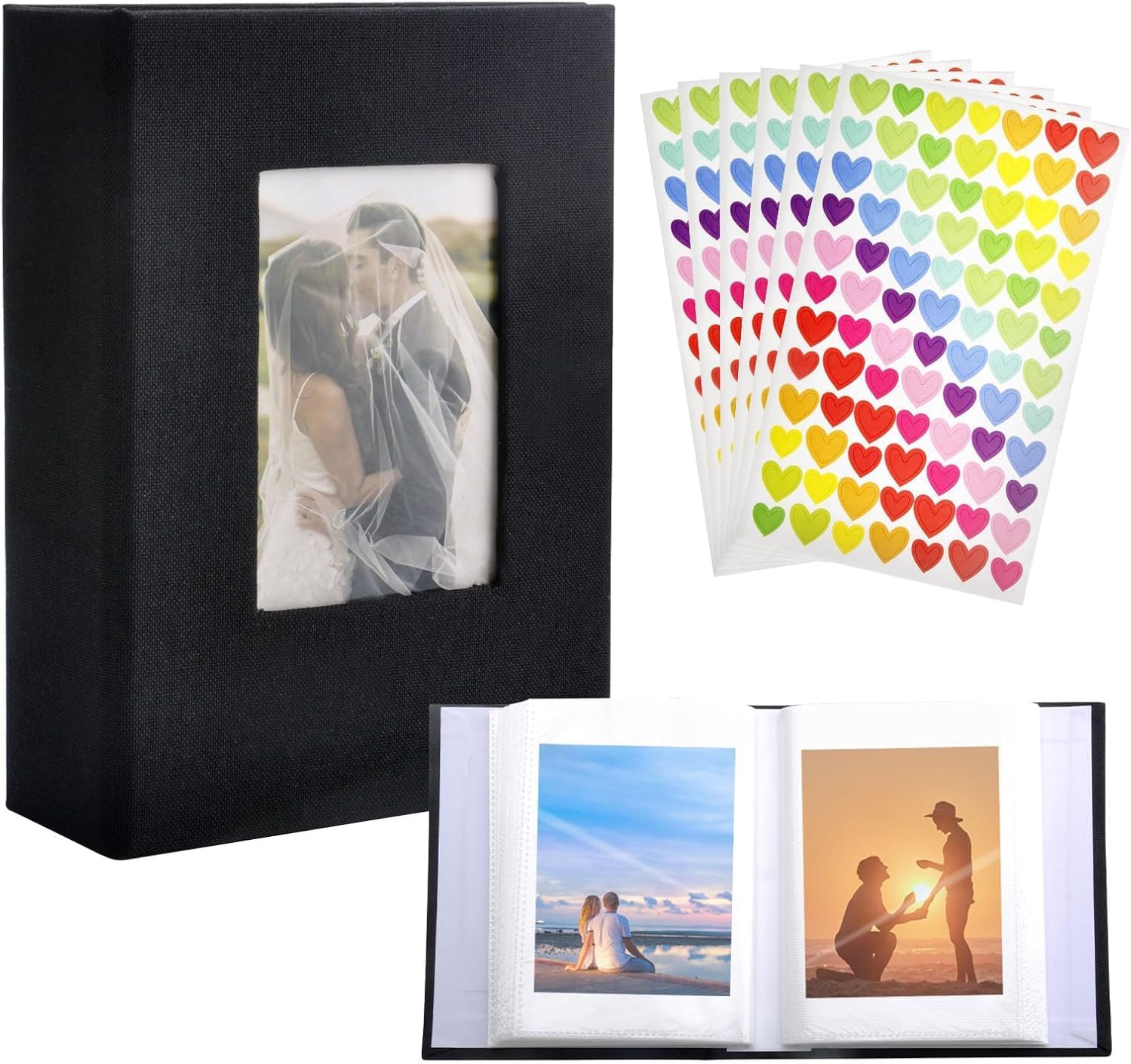 BIGTHREE Photo Album 4x6, Photo Album Book 100 Photos, Album with Window, Slip In Albums 6x4 inch Photo Slot with 6 Love stickers for Artwork or Postcards Storage, Blank Pages Memory Book