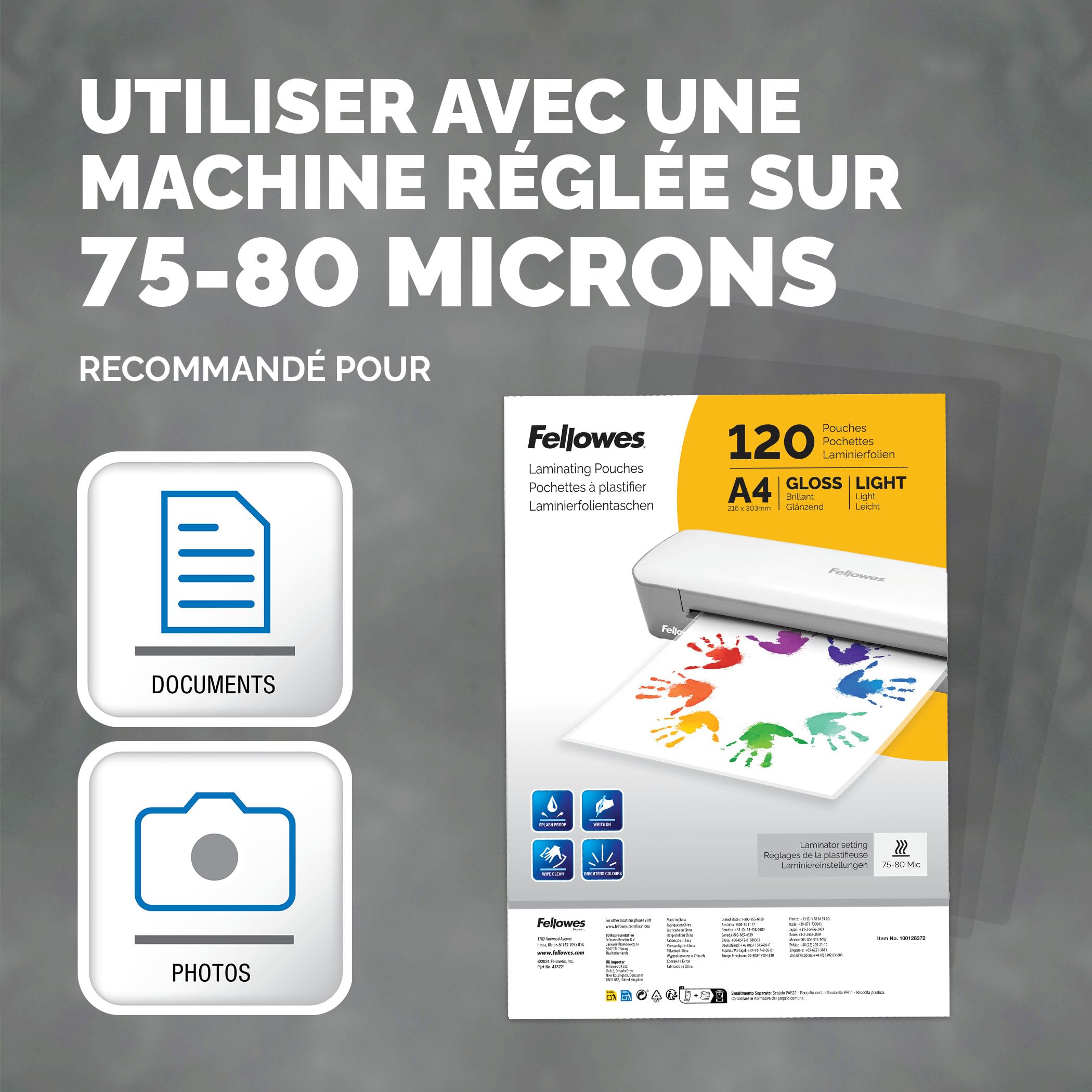 Fellowes Plastifieuse Sola A3, 125 Microns, Fonctions Anti-Bourrage Et Arrêt Automatique, Pour Pochettes De 80-125 Microns + Fellowes pochettes de plastification A4, finition brillante, 120 pochettes