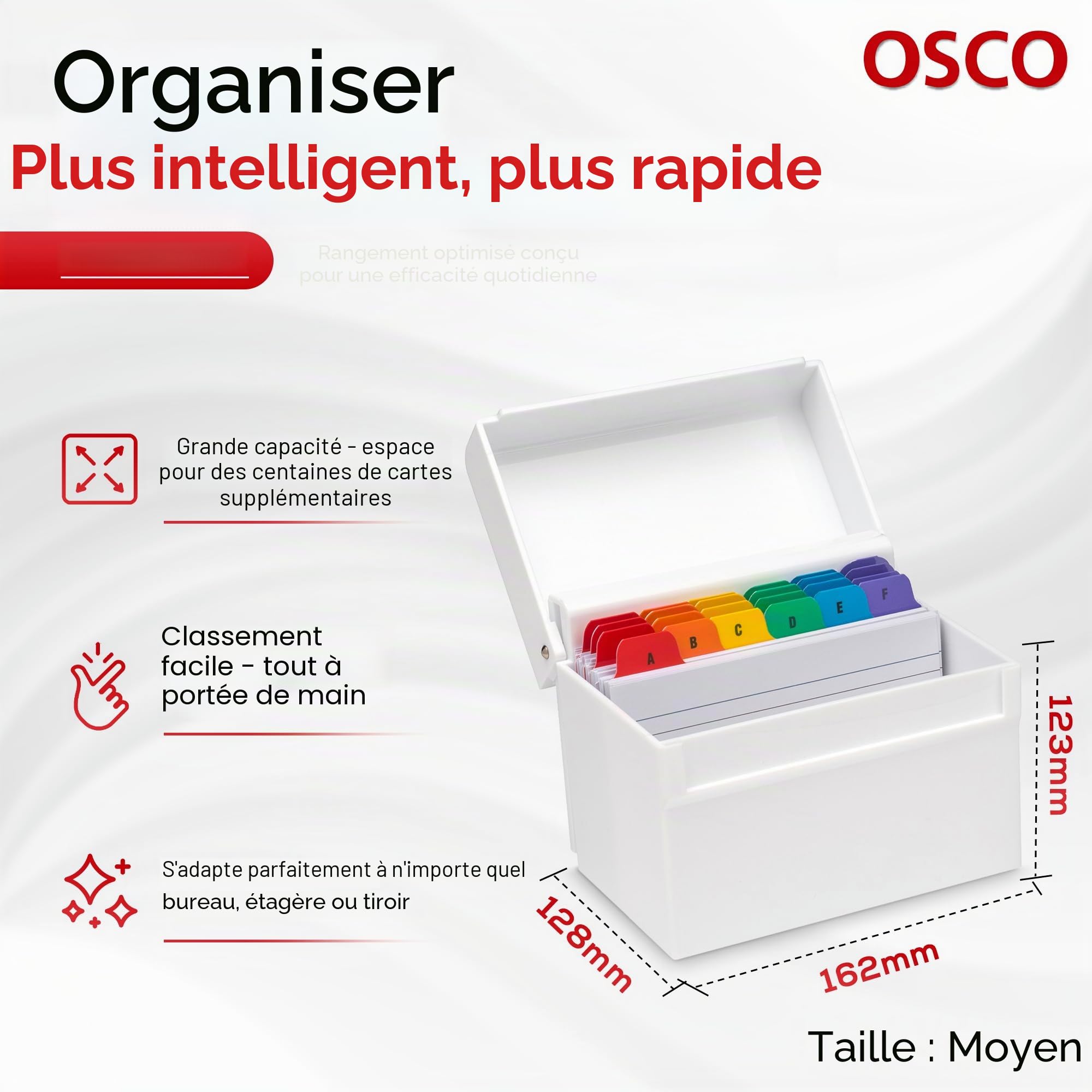 OSCO Boîte d'index en plastique blanc brillant A-Z 100 feuilles lignées 15,2 x 10,2 cm Cartes flash de révision