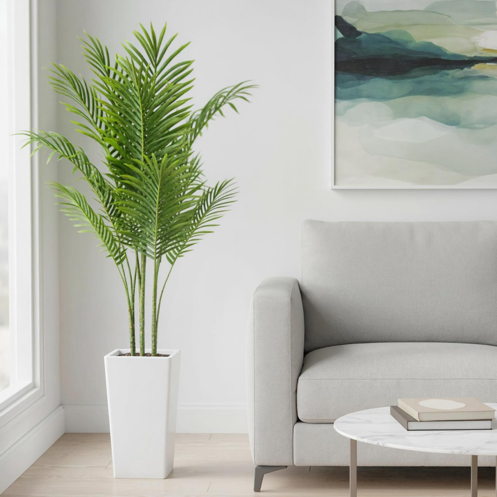Künstliche Palme 127/132/137/147/152 cm, Kunstpflanze Im Weißen Topf Für Drinnen & Draußen - Deko Für Wohnzimmer, Balkon, Büro