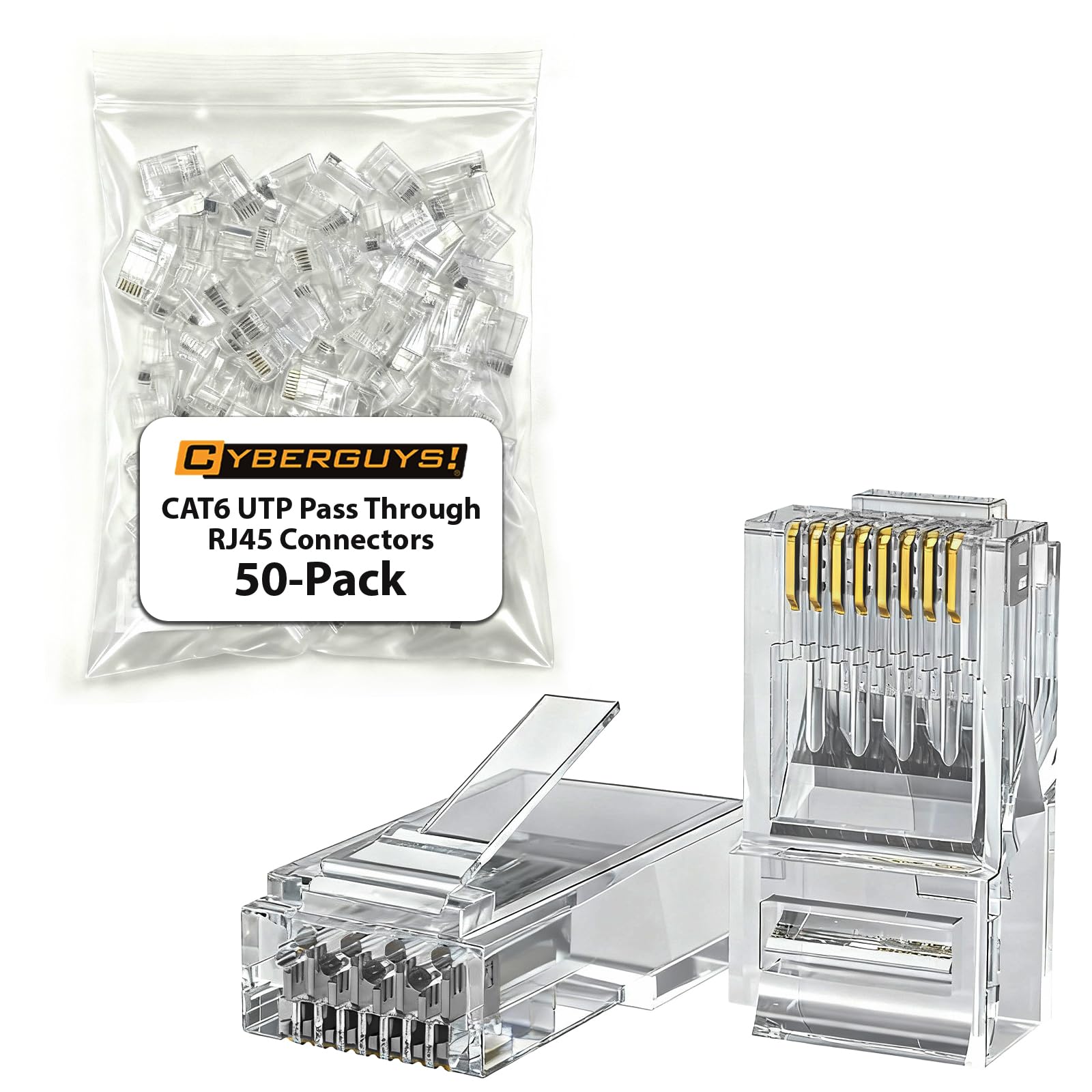 Cyberguys! CAT6 UTP Pass Through RJ45 Connectors – 50-Pack Gold-Plated 50μ 8P8C Modular Plugs, Supports 24–25AWG Ethernet Cables, 10Gbps High-Speed Network Ends, Easy Install with Crimp Tools 50-Pack