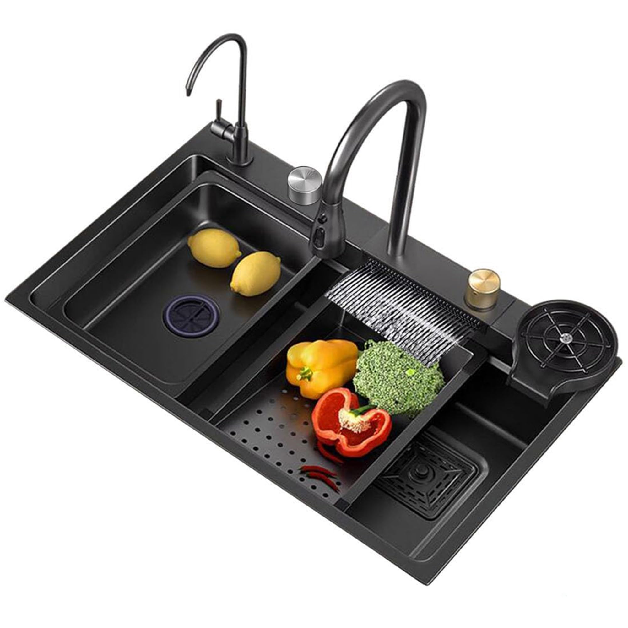 Évier de cuisine simple bac en acier inoxydable noir avec planche à découper 75cm
