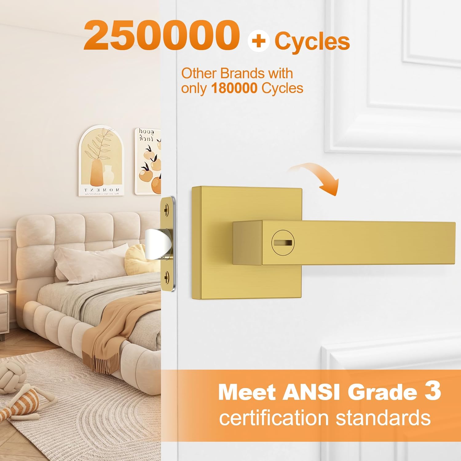 6 Pack Brushed Gold Door Handles, Interior Door Knob Heavy Duty, Flat Square Privacy Door Locks, Keyless Door Leverset for Bedroom and Bathroom