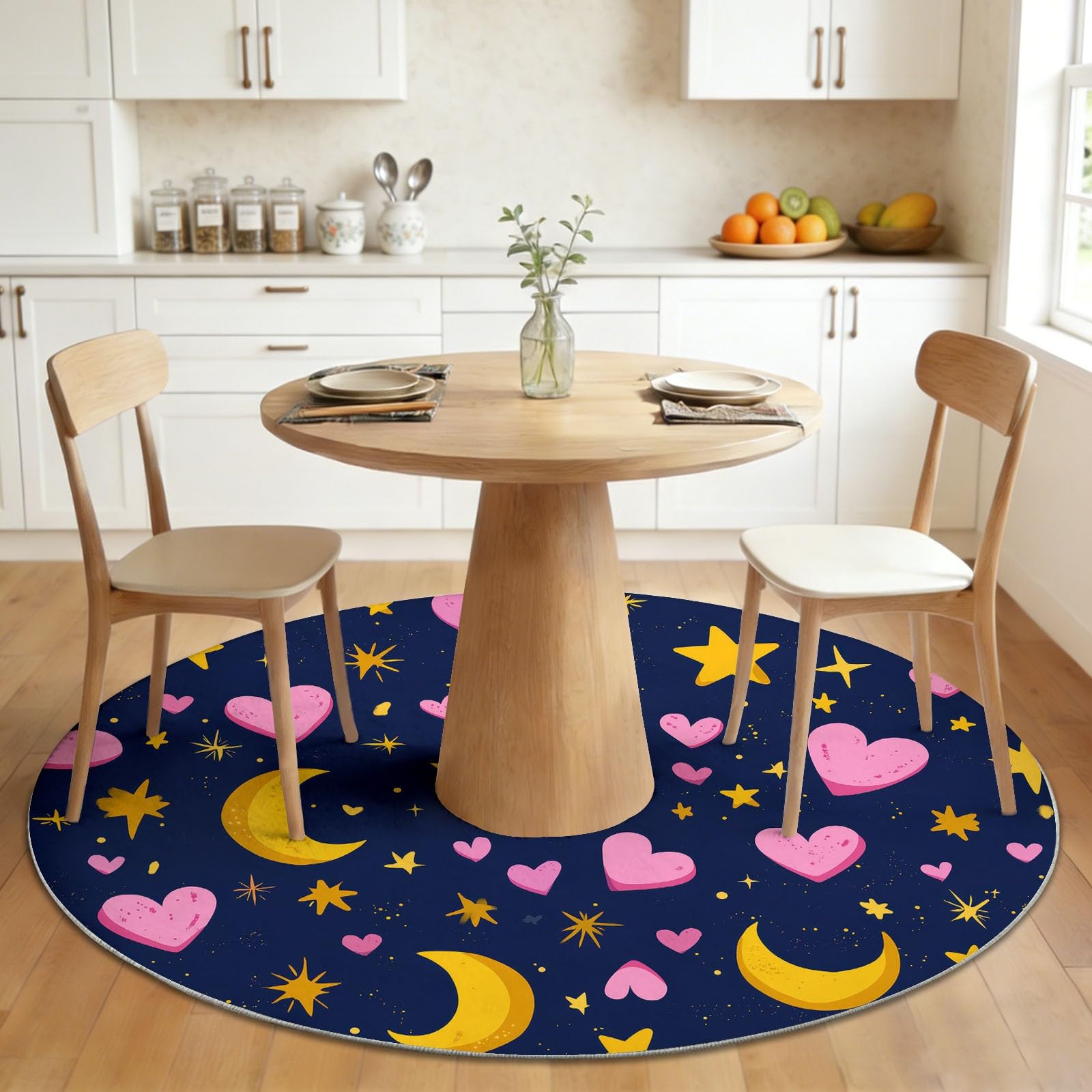 Générique Tapis Rond Salon Espace Cœur Lune, Tapis à Poils Courts de Sol Lavable Décoration Antidérapant pour Chambre Bébé Chambre Fille Chambre 100 cm, Dessin Animé