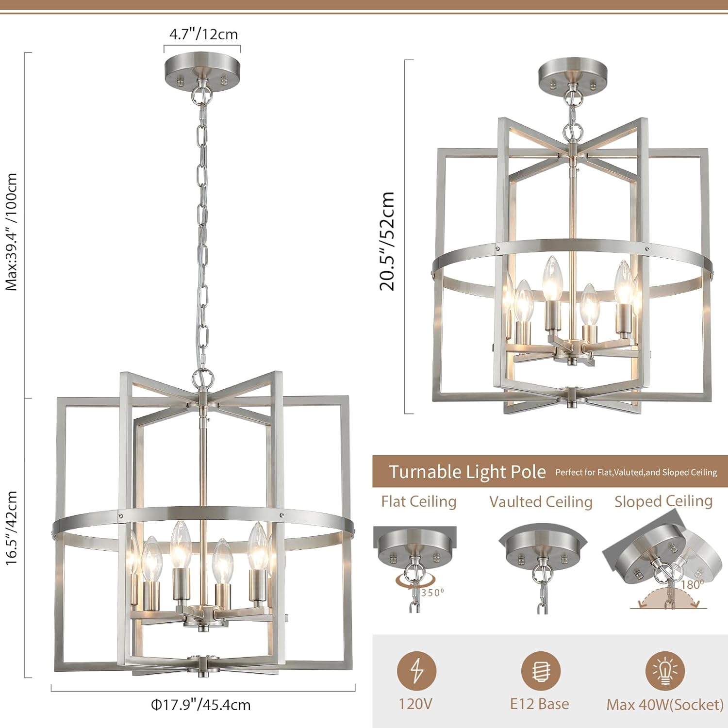 Brushed Nickel Chandelier 6-Light, Dining Room Light Fixture Geometric Metal Modern Chandelier Lighting for Kitchen Island Living Room Entryway, 18 Inch Pendant Hanging Ceiling Lamp