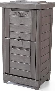 Step2 Lakewood Package Delivery Box, Large Capacity Outdoor Parcel Drop Box with Lockable Lid and Keys, Weather-Resistant Resin, Dark Cedar