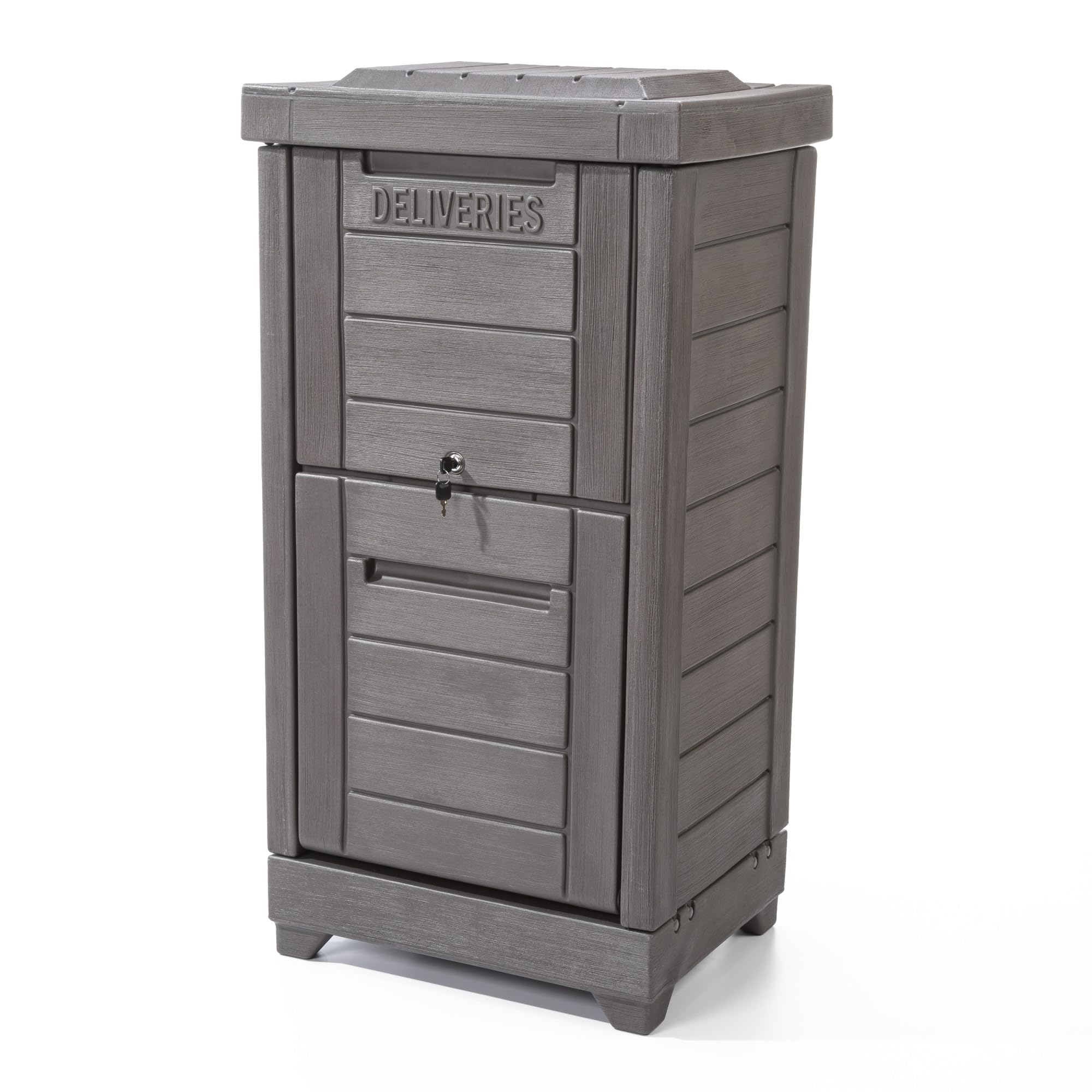 Step2 Lakewood Package Delivery Box, Large Capacity Outdoor Parcel Drop Box with Lockable Lid and Keys, Weather-Resistant Resin, Dark Cedar