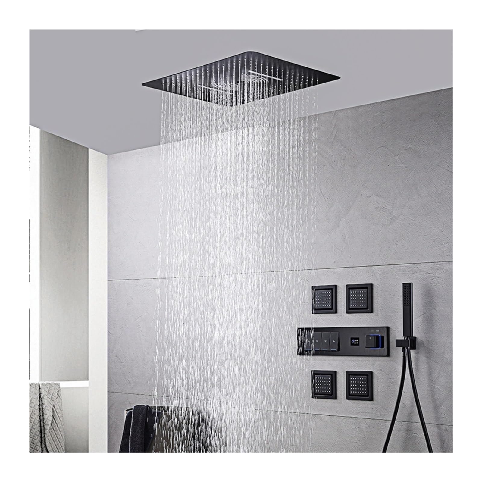 Sistema de Ducha, de ducha baño negro gama alta, diseño llave pared con pantalla digital intelinte, fría y caliente cuatro funciones(Brushed Grey)