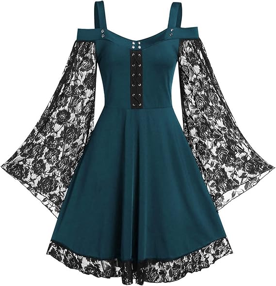 Clearance Women Dress,Women Line Neck Strap Lace Flare Sleeves Webbing Eyelet Swing Knit Midi Dress Ladies Maxi Long Dress Tunic Dress UK Size Shipping 5-7 Days Halloween Christmas Costumes