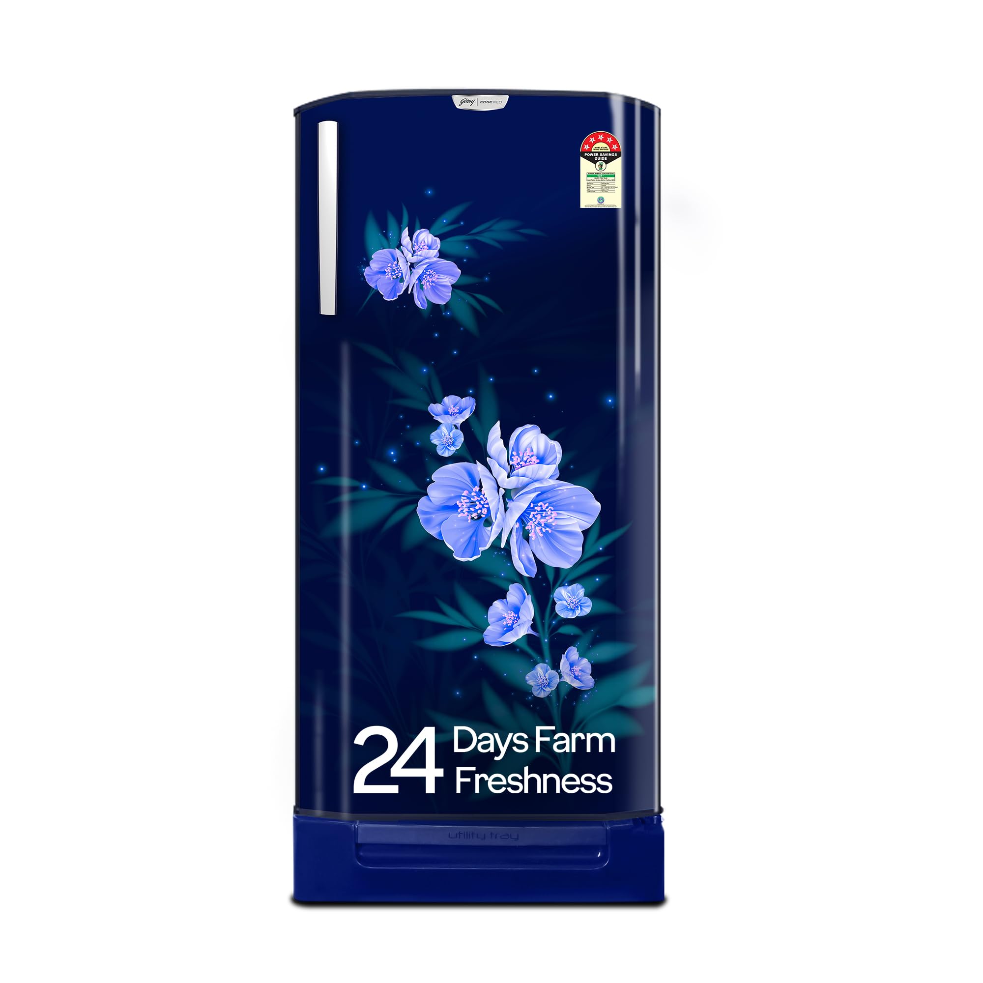 Godrej 180 L 5 Star | Turbo Cooling Technology | 24 Days Farm Freshness | Base Drawer | Toughened Glass shelves | Direct Cool Single Door Refrigerator (RD EDGENEO 207E TDF MP BL, Maple Blue)