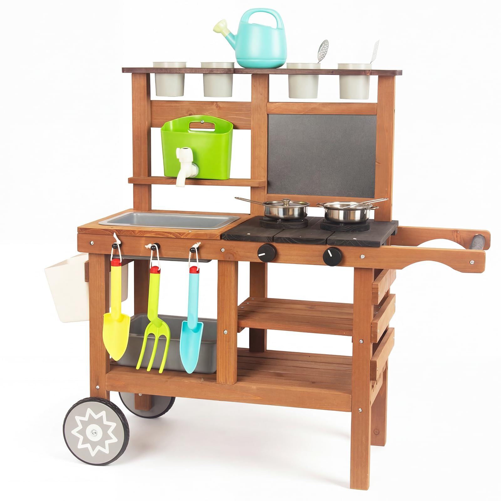 Cucina per bambini per attività all'aperto, giochi da giardino, cucina per bambini, per esterni, con ruote, bollitore, lavello, contenitore per piante in legno (marrone)