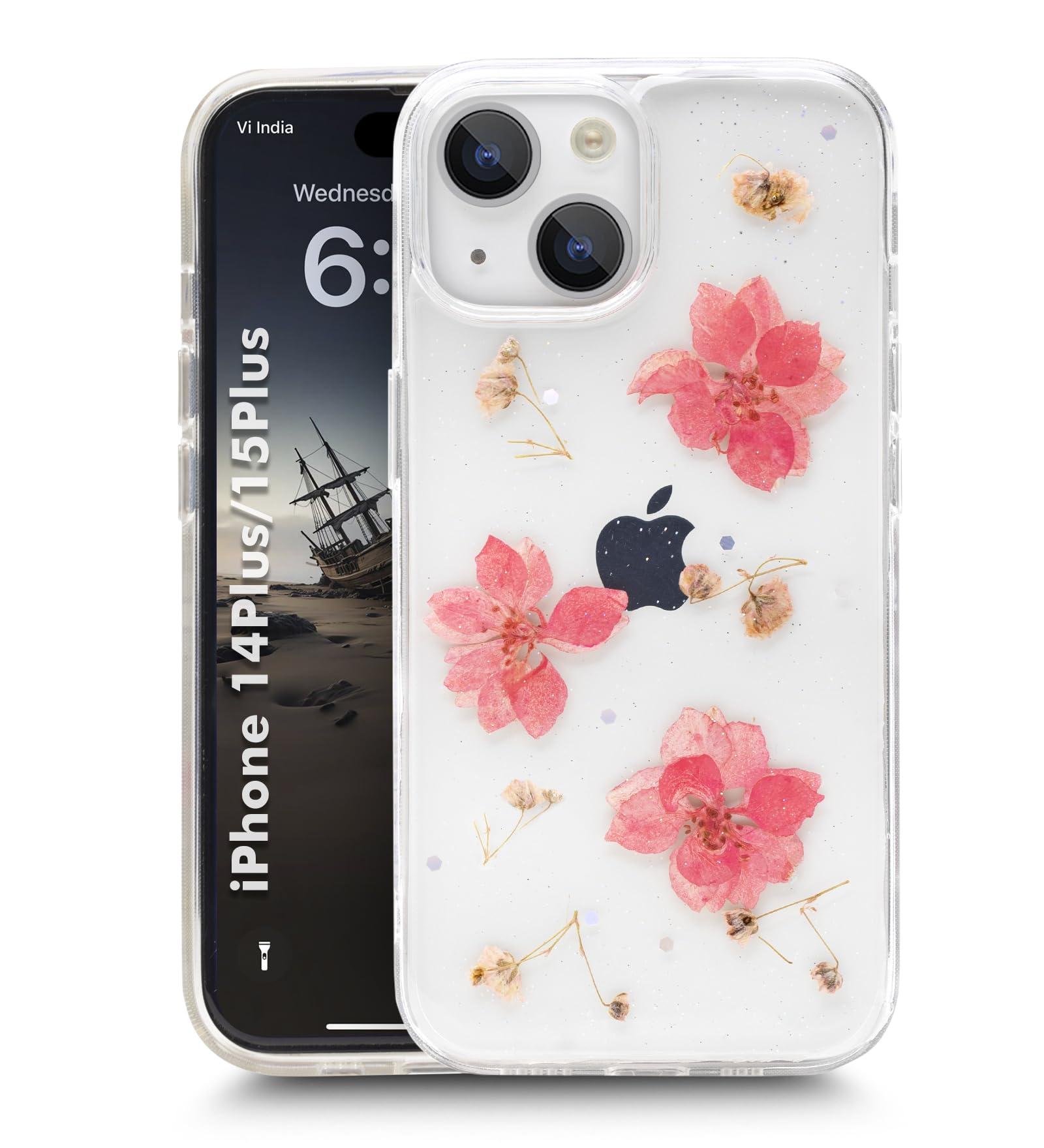 Enflamo Soft Clear Silicone Case Glitter Floral Back Cover for iPhone 15/14 Plus | with Pressed Dry Real Flowers (Pink) (B0CRHV5H24) Amazon Price History, Amazon Price Tracker