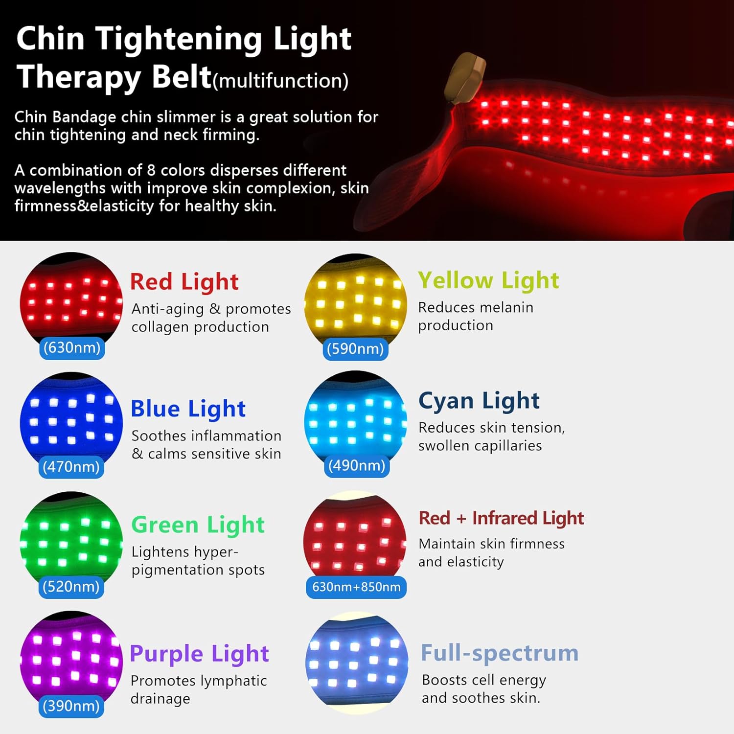 DGQY Cordless Red Light Therapy Belt for Neck & Chin - 8 Color Infrared (630nm&850nm) Facial Tightening & V-Lift Wireless, Portable Wrap for Jawline Home Travel Use - Image 4