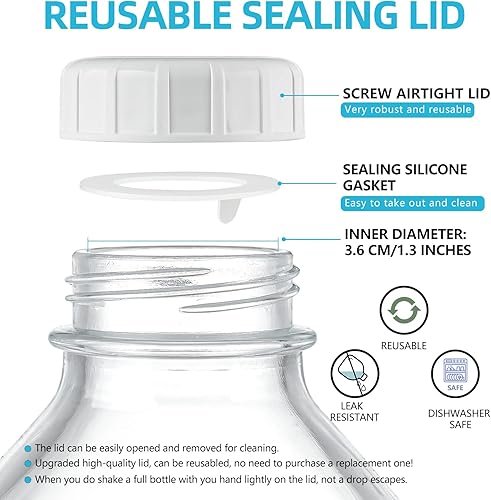 Miniatura 3 de Paquete de 4 botellas de leche de vidrio de 1/2 galón con tapa hermética y 2 picos vertedores - Jarra de leche de vidrio resistente de 64 oz, jarras