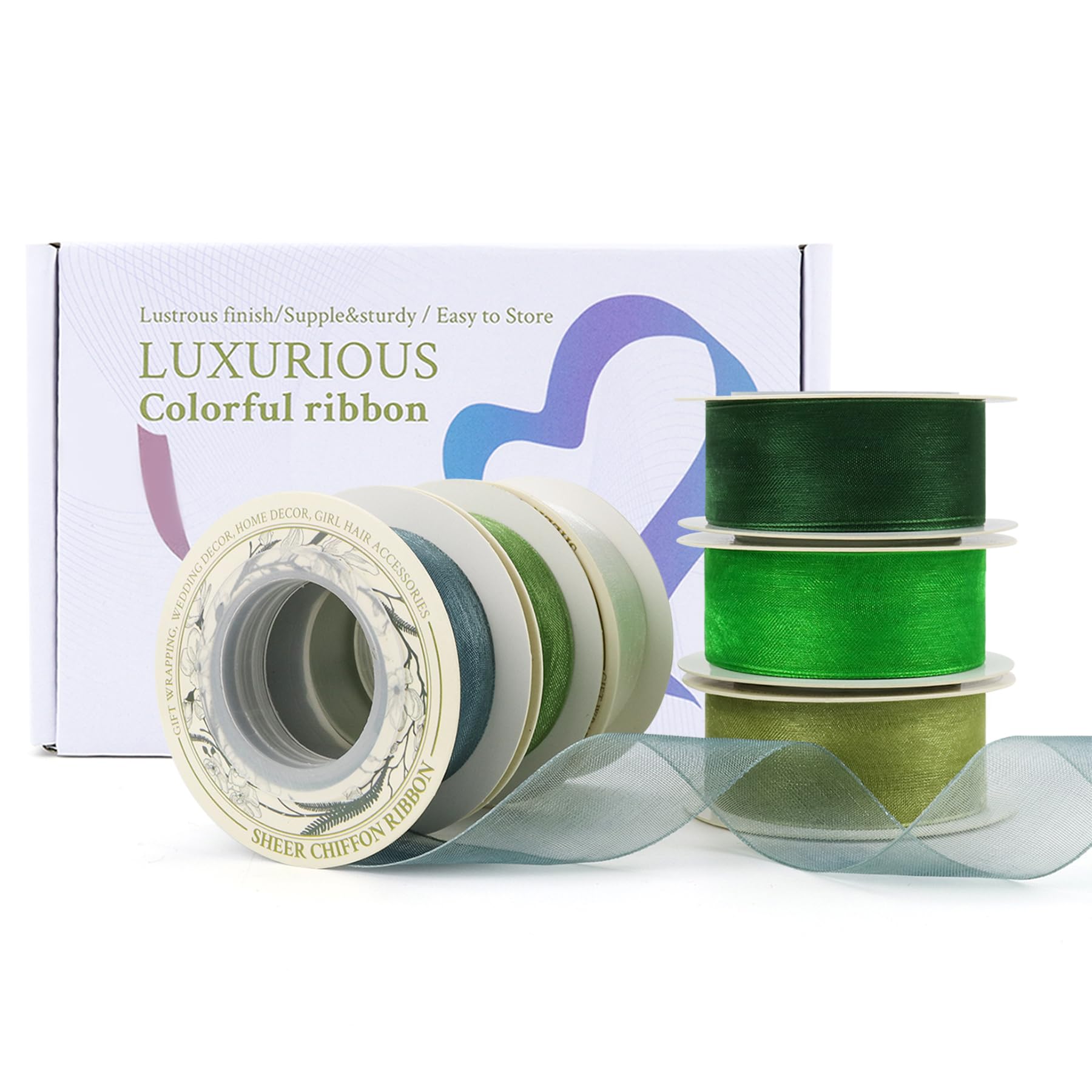 1" x 60 Yd Sheer Chiffon Ribbons Mixed Color Organza Ribbons Set 10 Yd x 6 Rolls for Wedding Christmas Decorations,Gift Wrapping, Bows Making, Floral Bouquets Wrapping (Green)