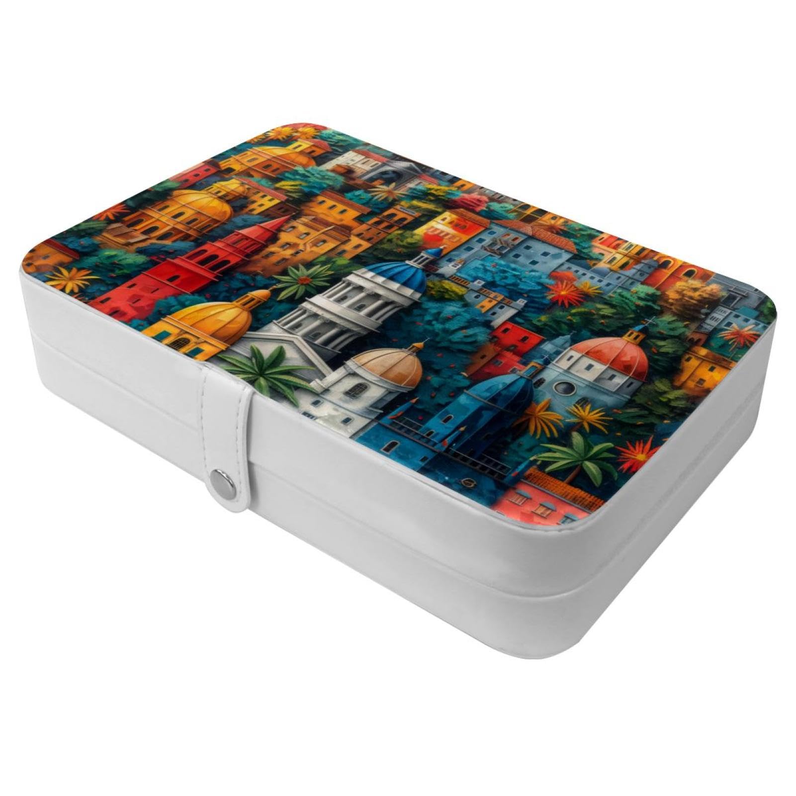 Boîte à bijoux portable cadeau idéal avec motif de bâtiments colorés