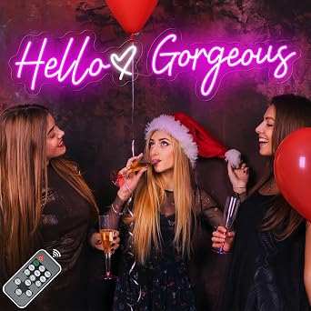 لافتة نيون كبيرة مقاس 30 بوصة Hello Gorgeous، ضوء نيون LED وردي 12 فولت Hello Beautiful لحفلات الزفاف، غرفة الفتيات، حفلة توديع العزوبية، بار المنزل، غرفة النوم، هدية عيد ميلاد