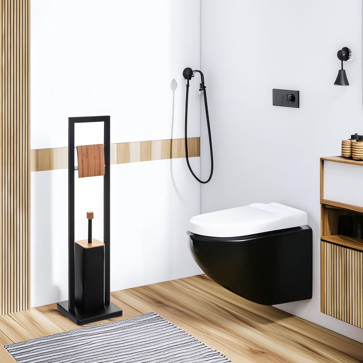 Well Home Natureo Toilet Roll Holder with Toilet Brush Holder, Black, 20 x 60 cm